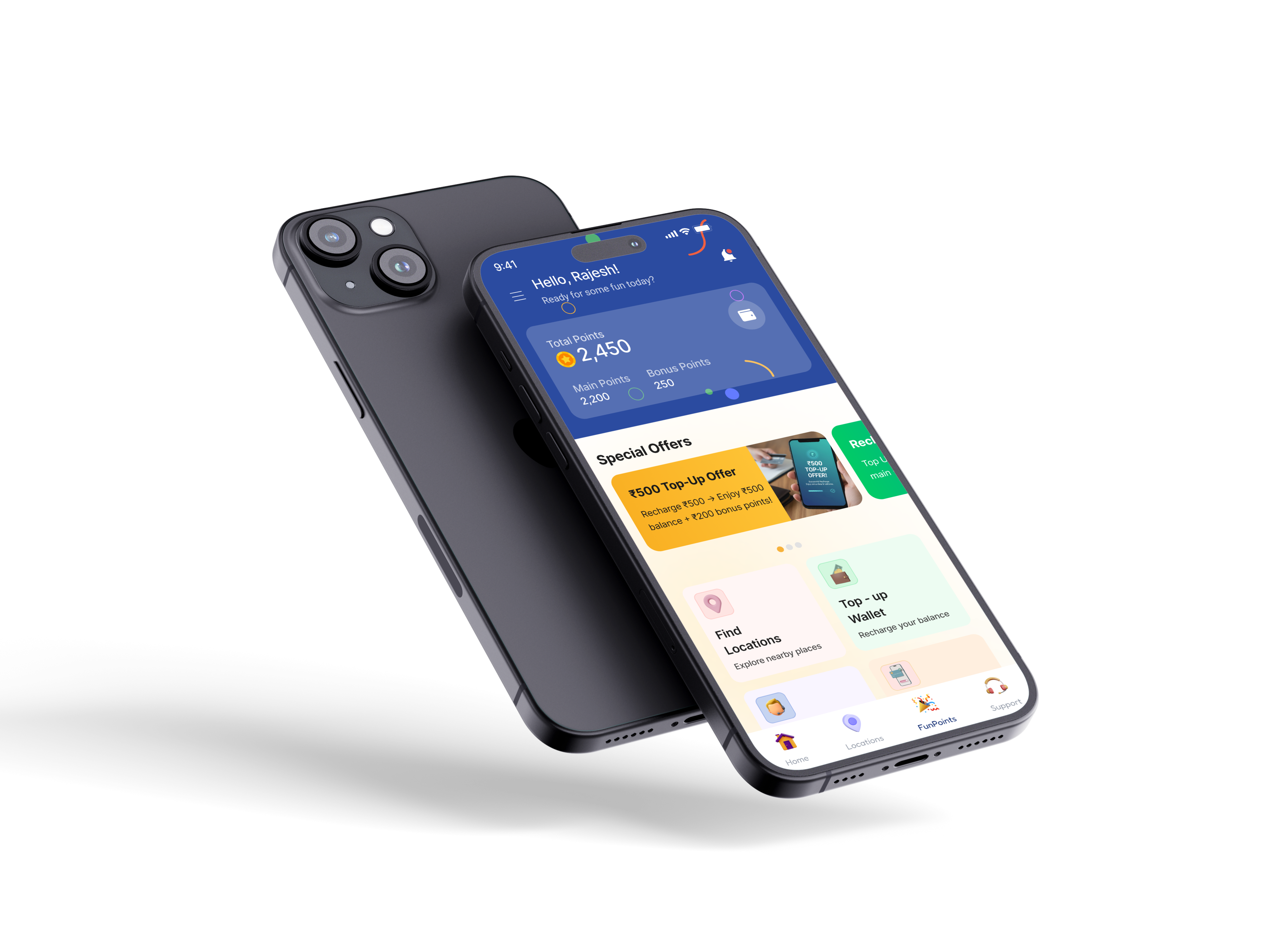 Funfinity app on iPhone showing app features and rewards dashboard
